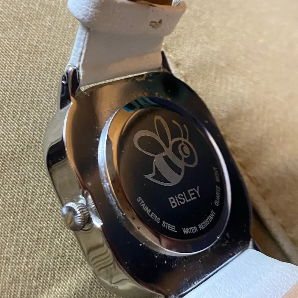 Bisley Elegant Silver Tone Watch White Leather Band New Battery